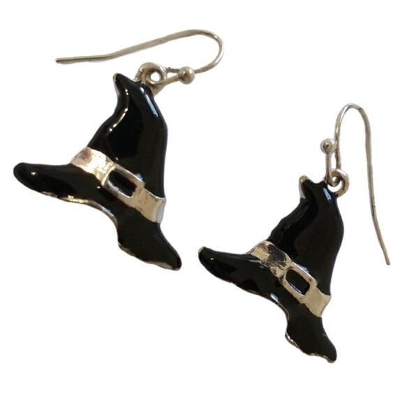 Halloween Earrings Dangle Silver Tone Black Enameled Witch Hat Witchy Witchcore. - Picture 7 of 16